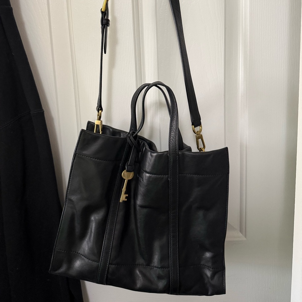 Fossil Black Leather Handbag with Gold Key Charm